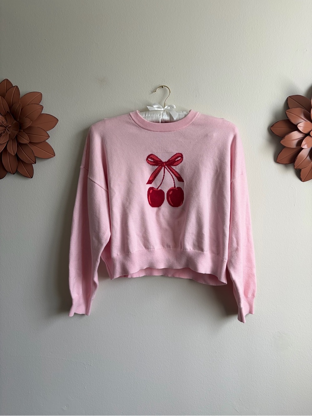 Arden B Pink Cherry Bow Sweater 🍒 Coquette Y2K Knit Pullover